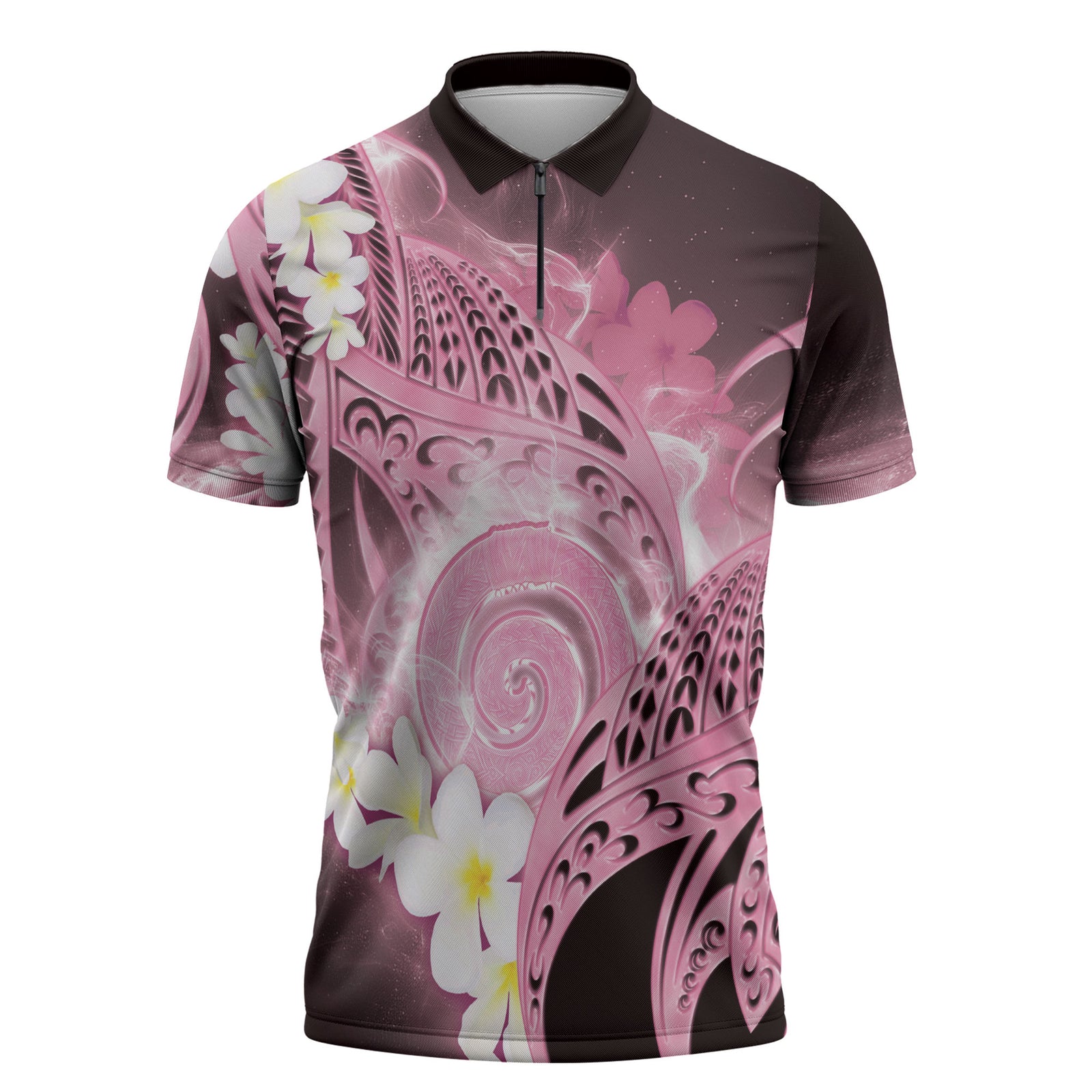 Piko Hawaiian Zipper Polo Shirt Pink Galaxy Spiral Plumeria Tribal Patterns DT05 Pink - Polynesian Pride
