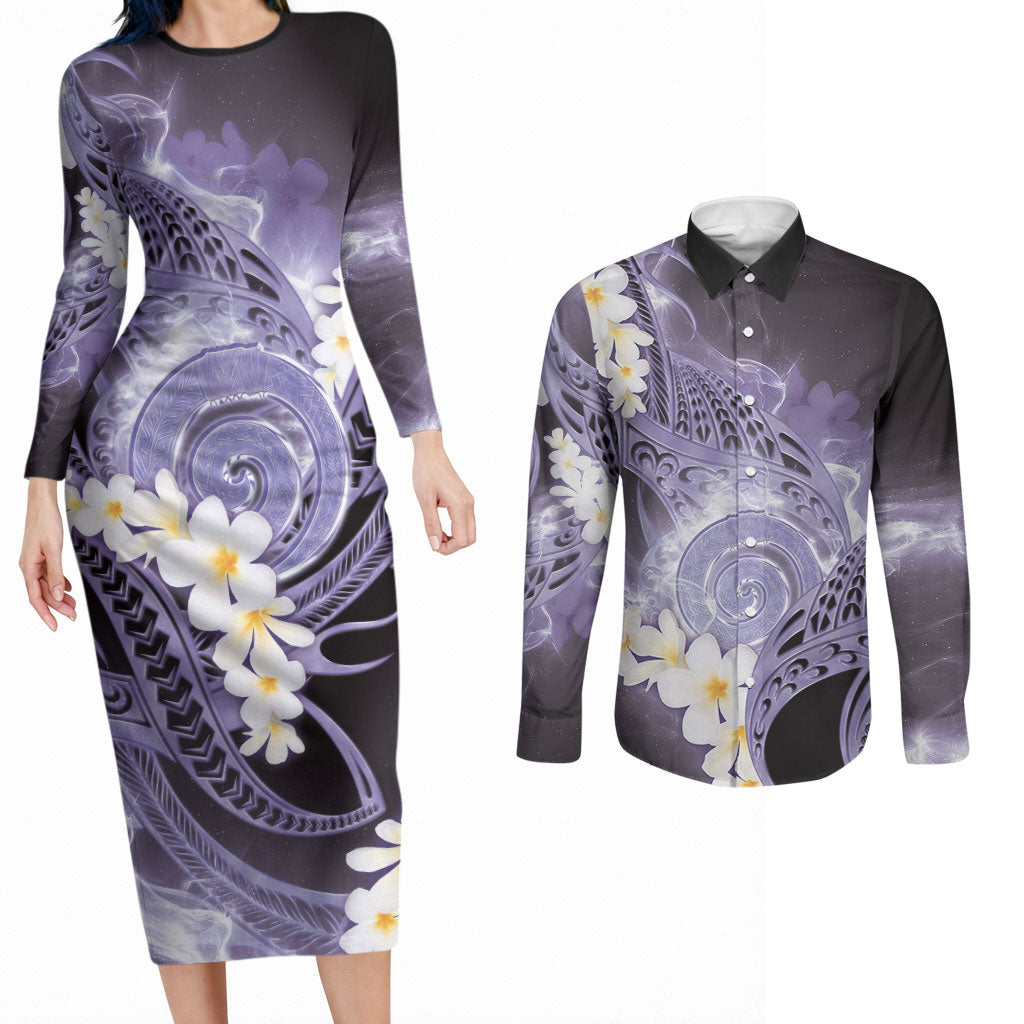 Piko Hawaiian Couples Matching Long Sleeve Bodycon Dress and Long Sleeve Button Shirt Purple Galaxy Spiral Plumeria Tribal Patterns DT05 Purple - Polynesian Pride