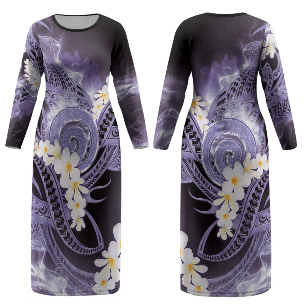 Piko Hawaiian Couples Matching Long Sleeve Bodycon Dress and Long Sleeve Button Shirt Purple Galaxy Spiral Plumeria Tribal Patterns DT05 - Polynesian Pride