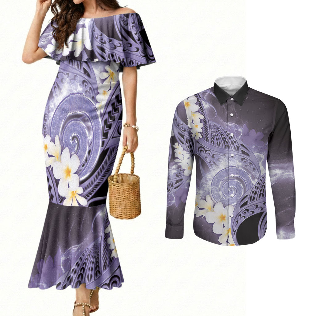 Piko Hawaiian Couples Matching Mermaid Dress and Long Sleeve Button Shirt Purple Galaxy Spiral Plumeria Tribal Patterns DT05 Purple - Polynesian Pride
