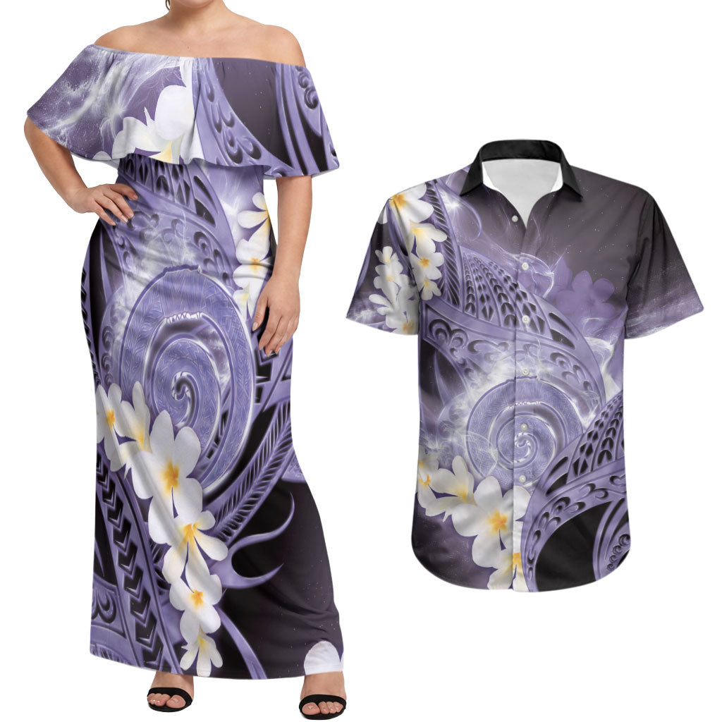 Piko Hawaiian Couples Matching Off Shoulder Maxi Dress and Hawaiian Shirt Purple Galaxy Spiral Plumeria Tribal Patterns DT05 Purple - Polynesian Pride