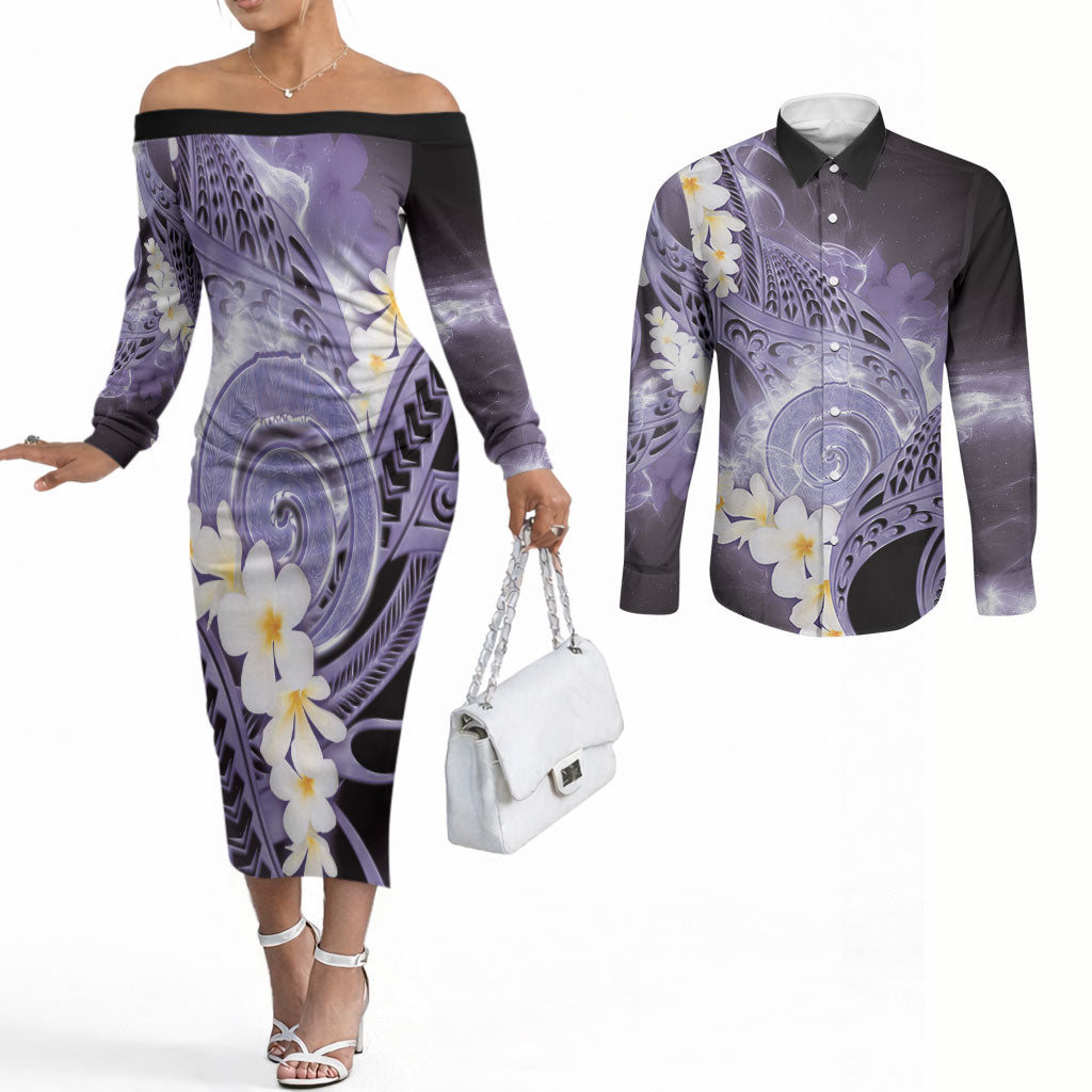 Piko Hawaiian Couples Matching Off The Shoulder Long Sleeve Dress and Long Sleeve Button Shirt Purple Galaxy Spiral Plumeria Tribal Patterns DT05 Purple - Polynesian Pride