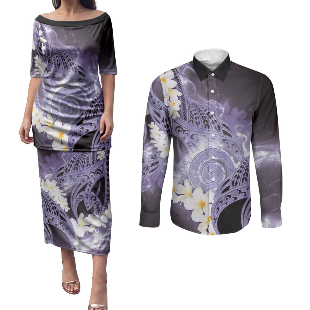 Piko Hawaiian Couples Matching Puletasi and Long Sleeve Button Shirt Purple Galaxy Spiral Plumeria Tribal Patterns DT05 Purple - Polynesian Pride