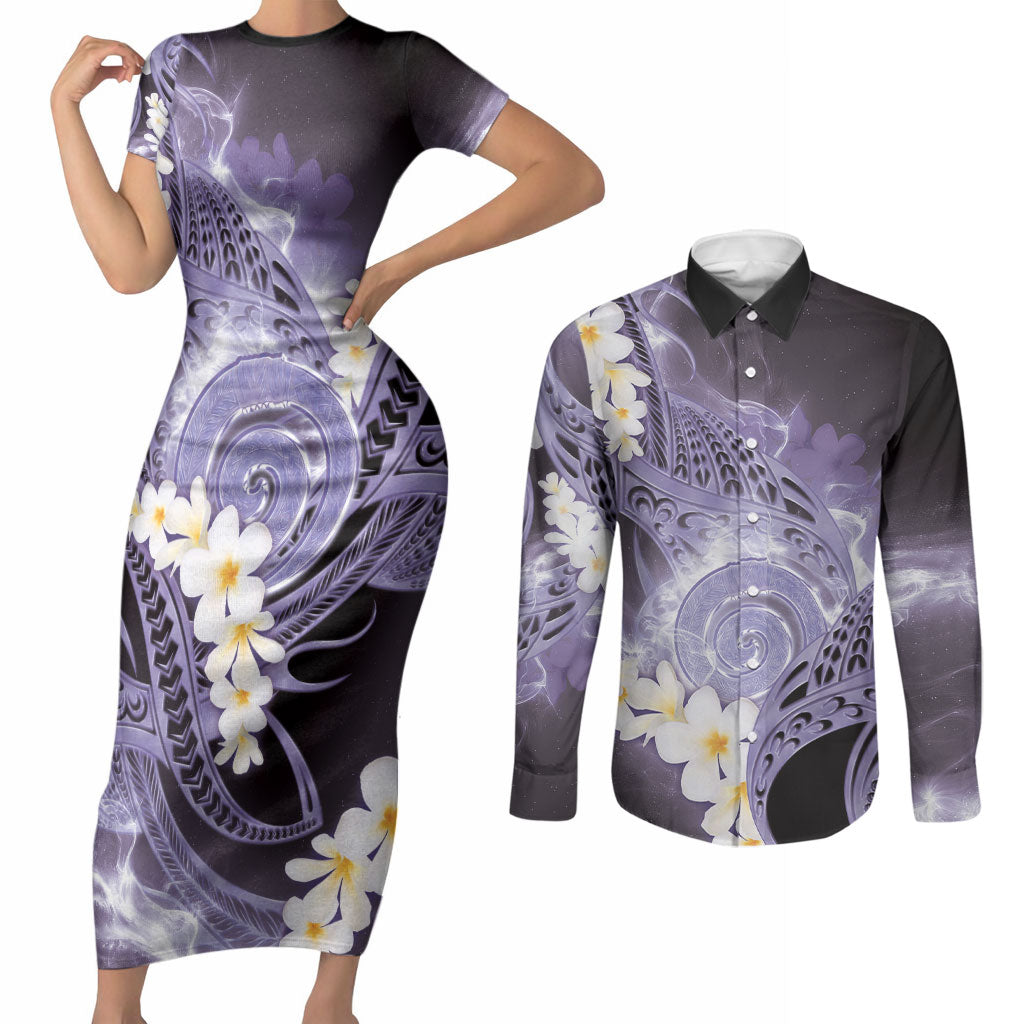 Piko Hawaiian Couples Matching Short Sleeve Bodycon Dress and Long Sleeve Button Shirt Purple Galaxy Spiral Plumeria Tribal Patterns DT05 Purple - Polynesian Pride