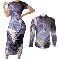 Piko Hawaiian Couples Matching Short Sleeve Bodycon Dress and Long Sleeve Button Shirt Purple Galaxy Spiral Plumeria Tribal Patterns DT05 Purple - Polynesian Pride