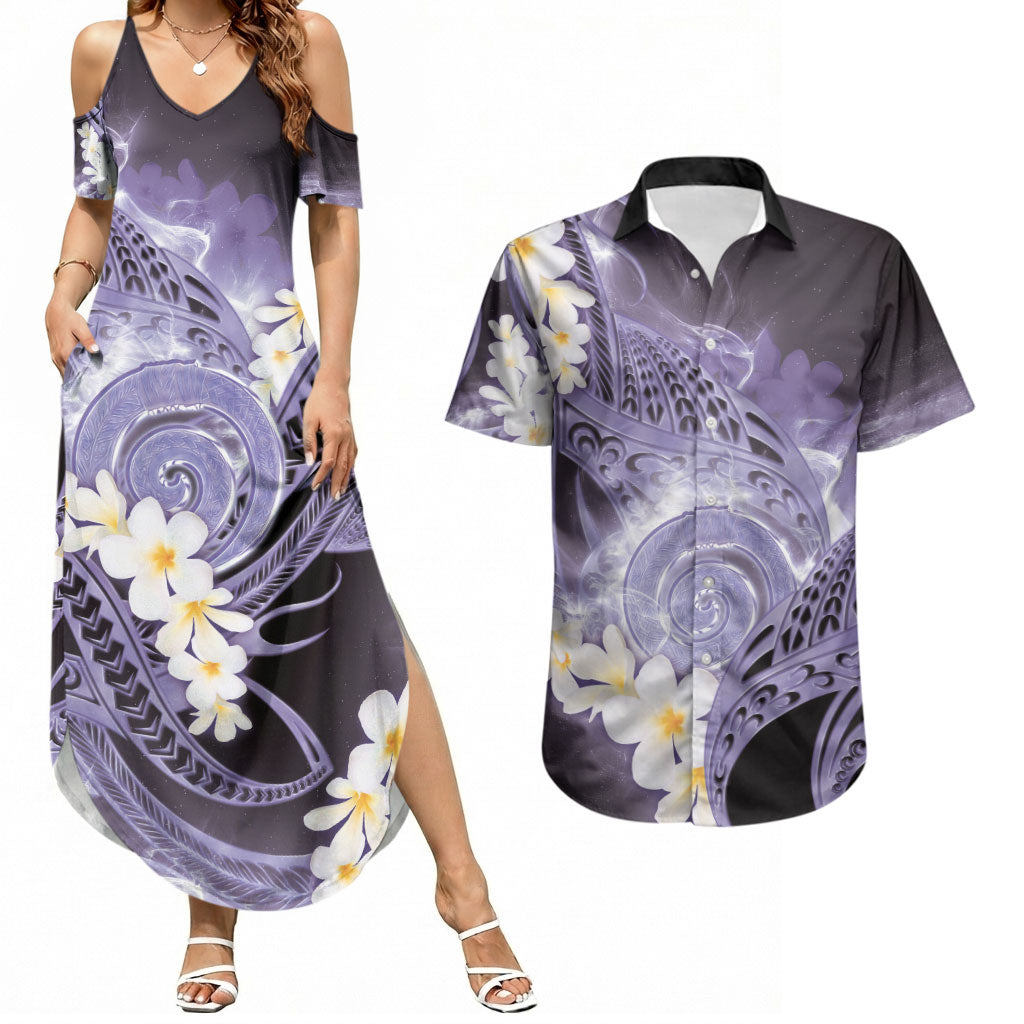 Piko Hawaiian Couples Matching Summer Maxi Dress and Hawaiian Shirt Purple Galaxy Spiral Plumeria Tribal Patterns DT05 Purple - Polynesian Pride