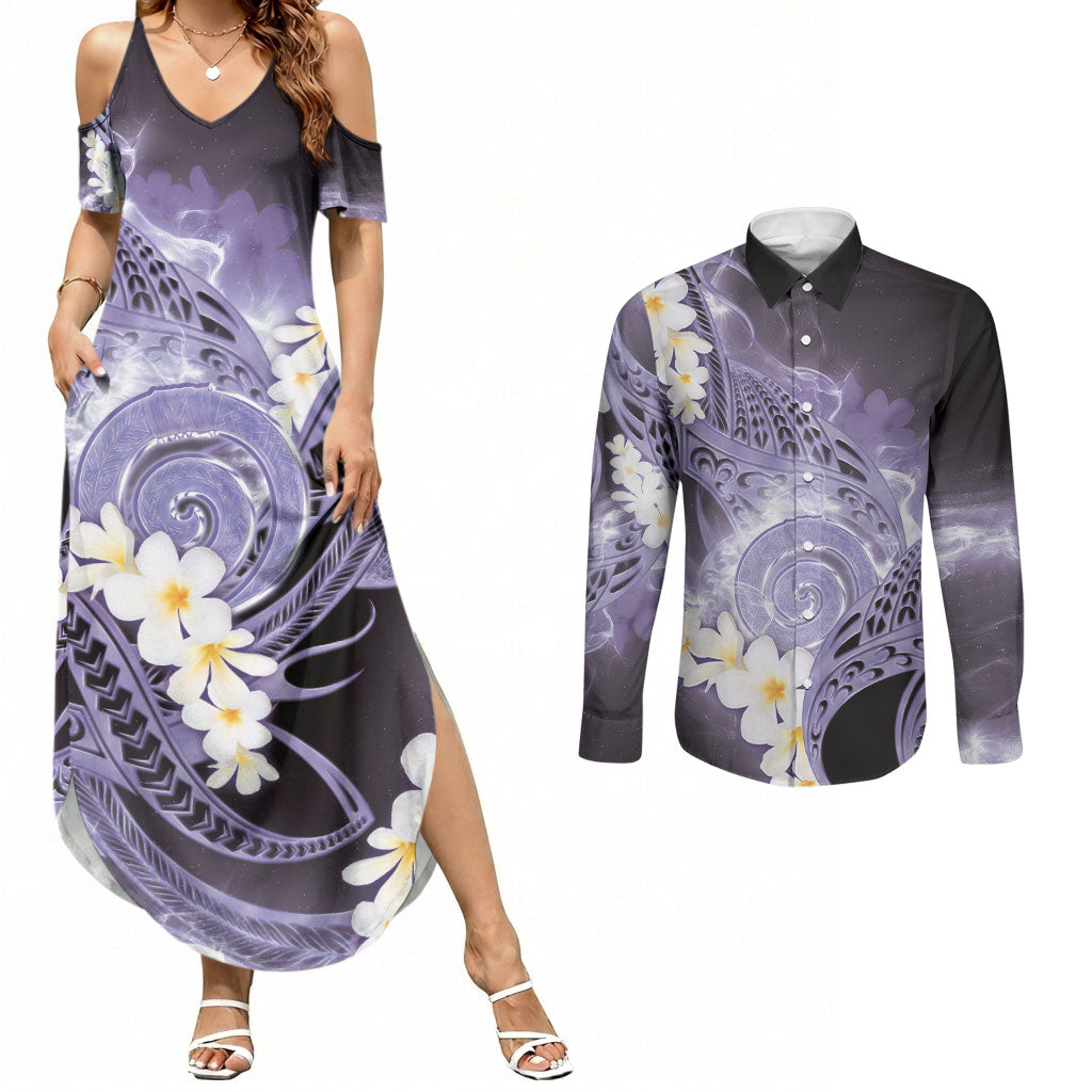 Piko Hawaiian Couples Matching Summer Maxi Dress and Long Sleeve Button Shirt Purple Galaxy Spiral Plumeria Tribal Patterns DT05 Purple - Polynesian Pride