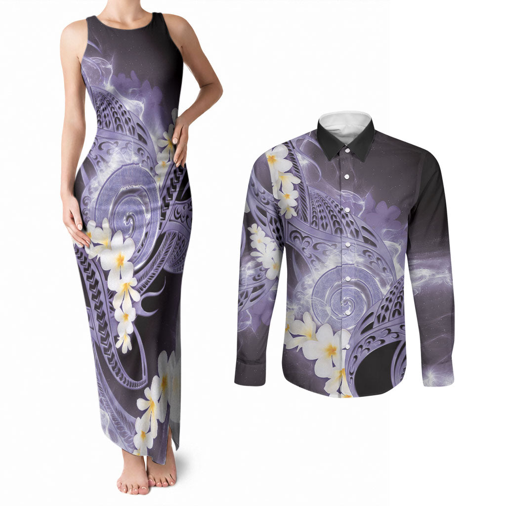 Piko Hawaiian Couples Matching Tank Maxi Dress and Long Sleeve Button Shirt Purple Galaxy Spiral Plumeria Tribal Patterns DT05 Purple - Polynesian Pride
