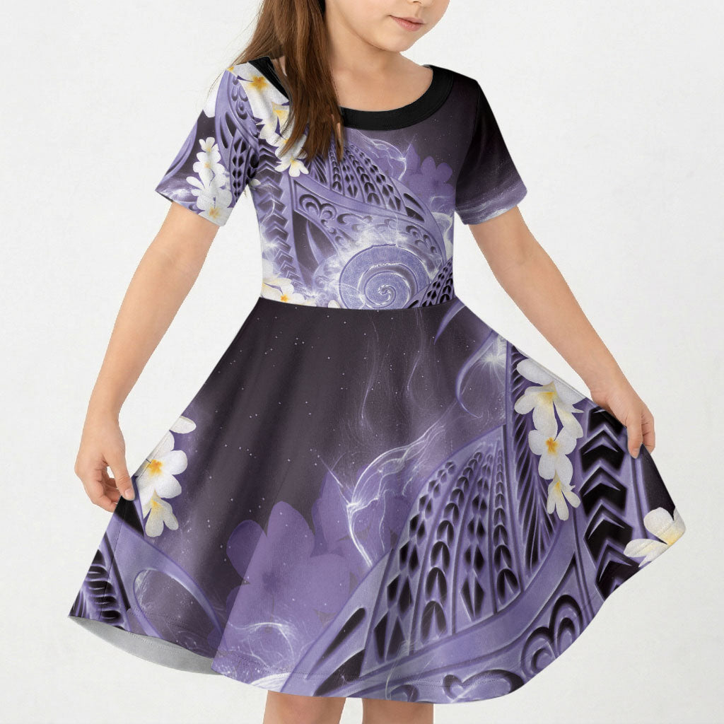 Piko Hawaiian Kid Short Sleeve Dress Purple Galaxy Spiral Plumeria Tribal Patterns DT05 KID Purple - Polynesian Pride