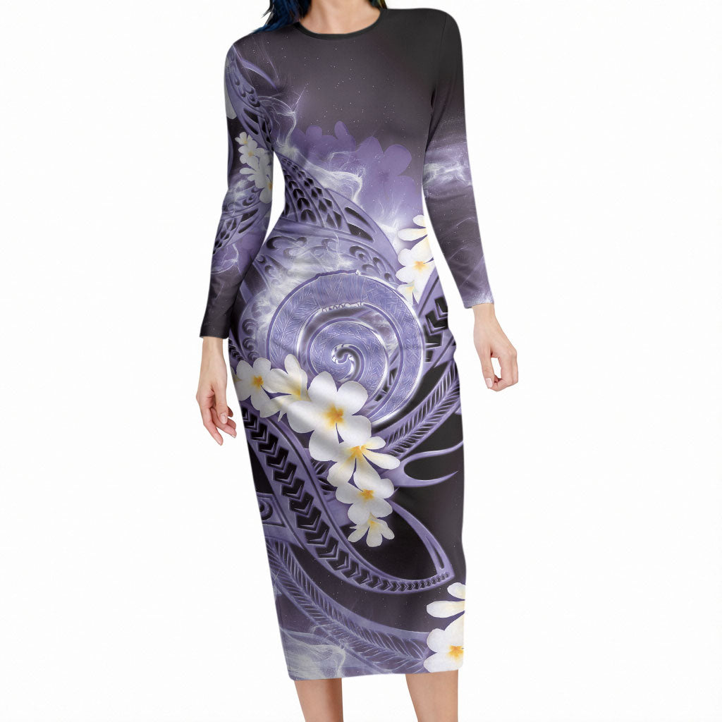 Piko Hawaiian Long Sleeve Bodycon Dress Purple Galaxy Spiral Plumeria Tribal Patterns DT05 Long Dress Purple - Polynesian Pride