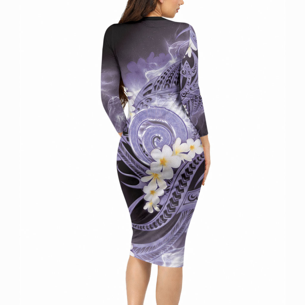 Piko Hawaiian Long Sleeve Bodycon Dress Purple Galaxy Spiral Plumeria Tribal Patterns DT05 - Polynesian Pride