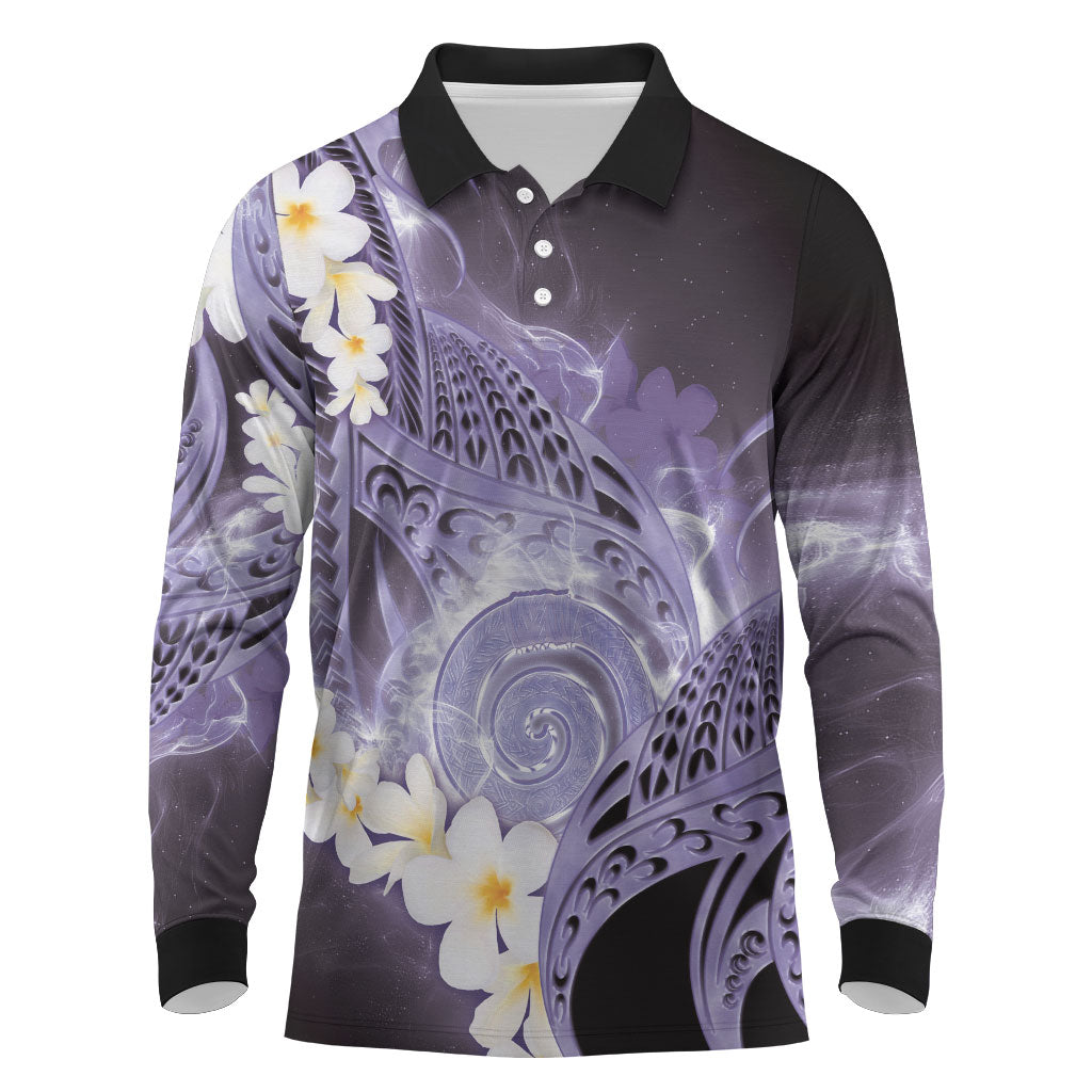 Piko Hawaiian Long Sleeve Polo Shirt Purple Galaxy Spiral Plumeria Tribal Patterns DT05 Purple - Polynesian Pride