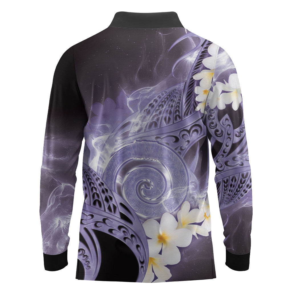 Piko Hawaiian Long Sleeve Polo Shirt Purple Galaxy Spiral Plumeria Tribal Patterns DT05 - Polynesian Pride
