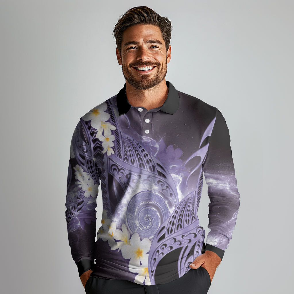 Piko Hawaiian Long Sleeve Polo Shirt Purple Galaxy Spiral Plumeria Tribal Patterns DT05 - Polynesian Pride