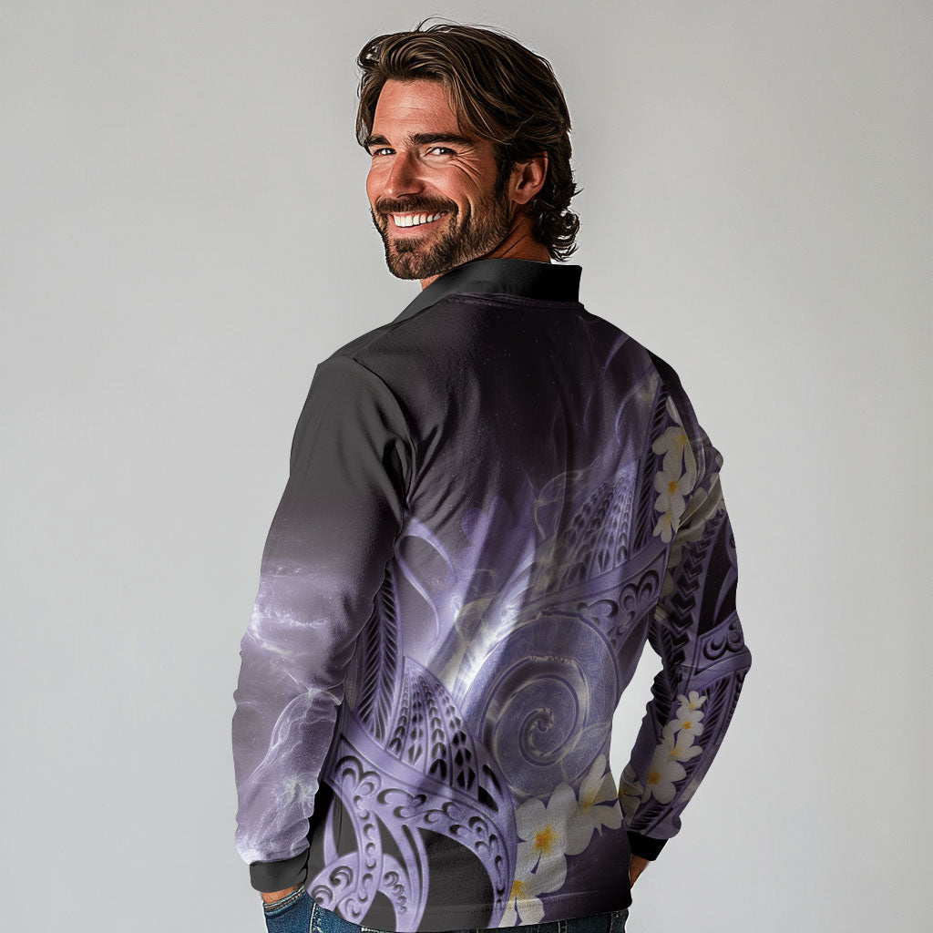 Piko Hawaiian Long Sleeve Polo Shirt Purple Galaxy Spiral Plumeria Tribal Patterns DT05 - Polynesian Pride