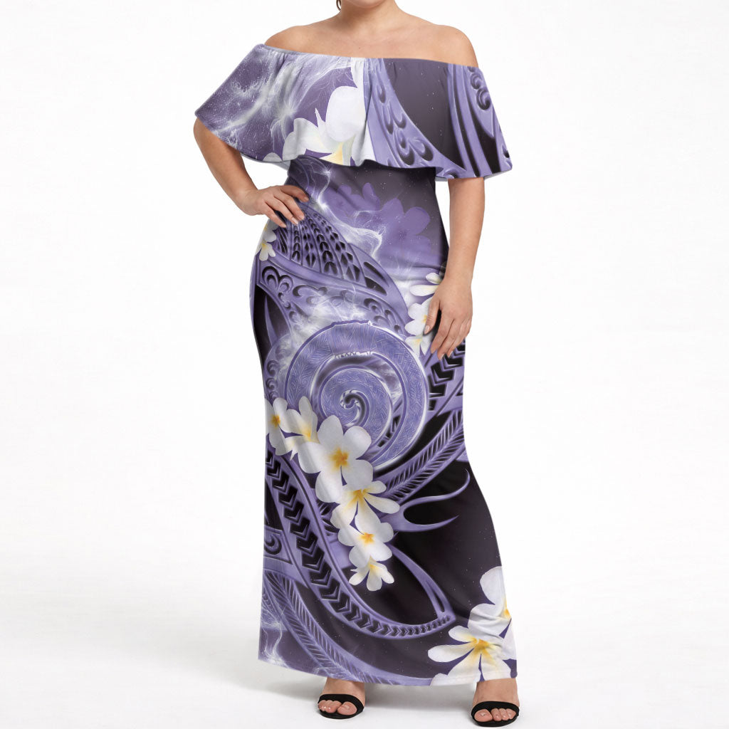 Piko Hawaiian Off Shoulder Maxi Dress Purple Galaxy Spiral Plumeria Tribal Patterns DT05 Women Purple - Polynesian Pride