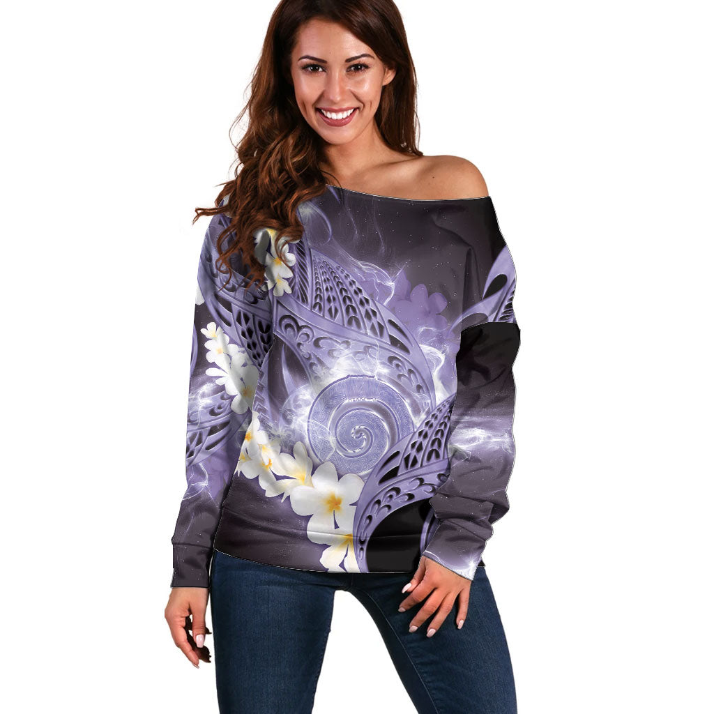 Piko Hawaiian Off Shoulder Sweater Purple Galaxy Spiral Plumeria Tribal Patterns DT05 Women Purple - Polynesian Pride