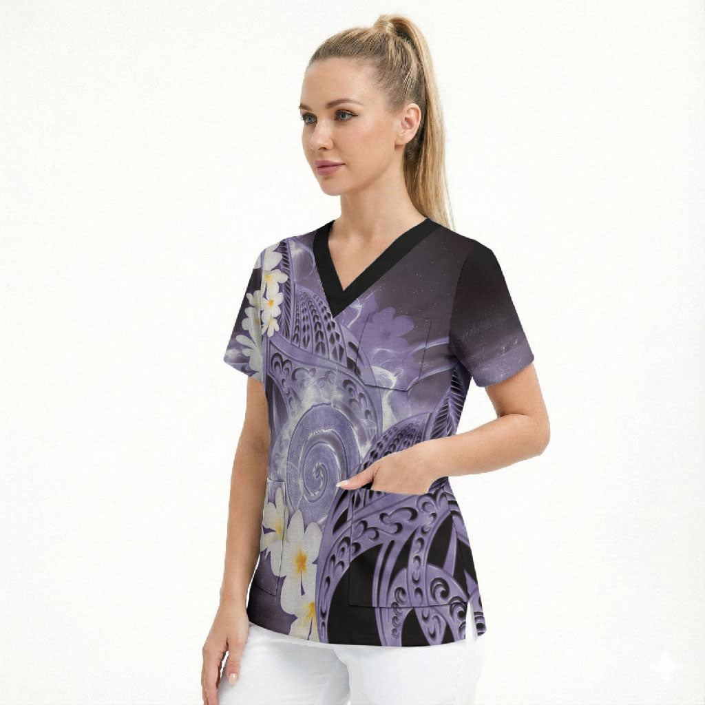 Piko Hawaiian Scrub Top Purple Galaxy Spiral Plumeria Tribal Patterns DT05 - Polynesian Pride