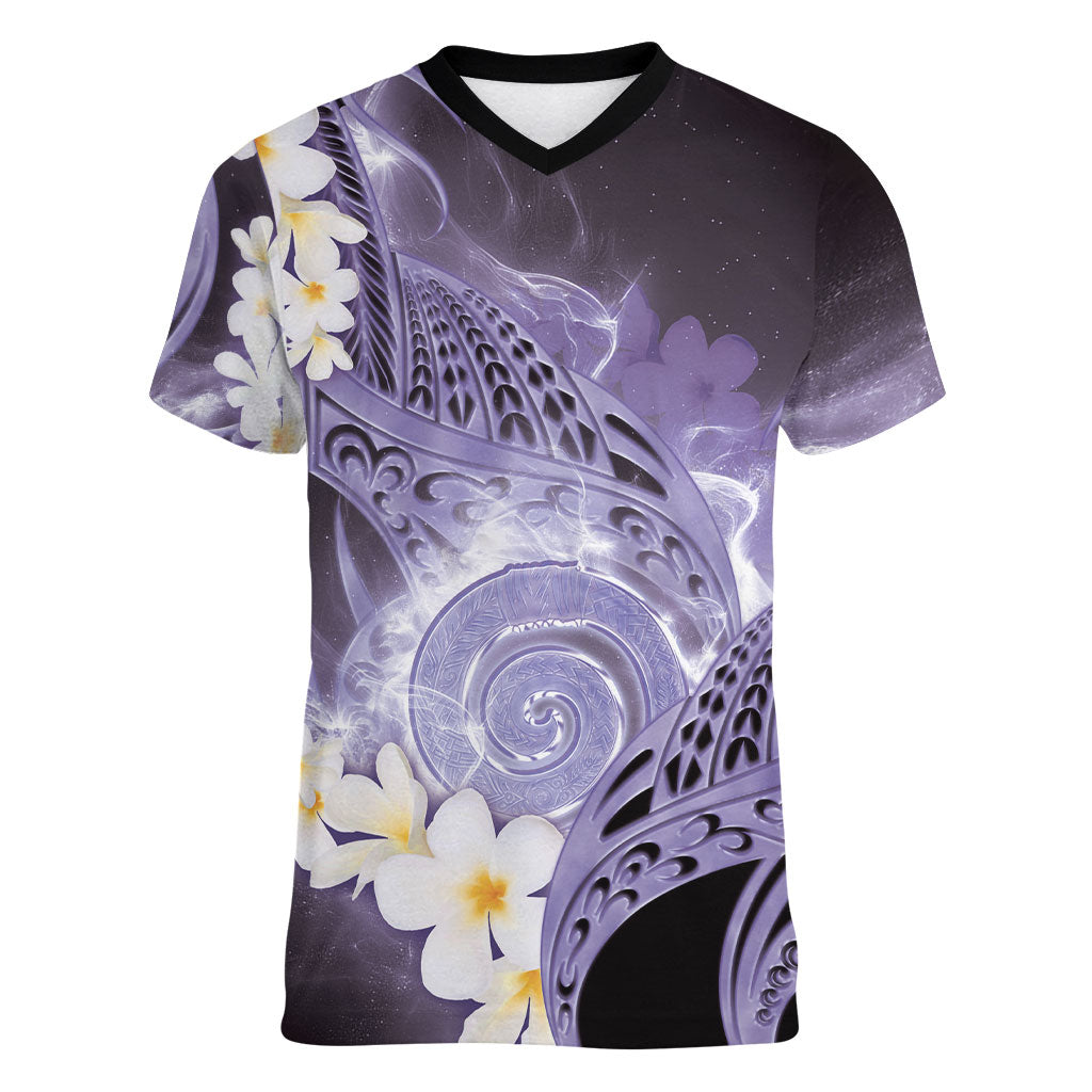 Piko Hawaiian Women V-Neck T-Shirt Purple Galaxy Spiral Plumeria Tribal Patterns DT05 Female Purple - Polynesian Pride