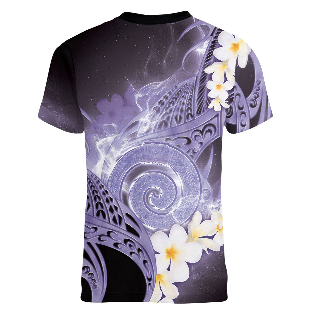 Piko Hawaiian Women V-Neck T-Shirt Purple Galaxy Spiral Plumeria Tribal Patterns DT05 - Polynesian Pride