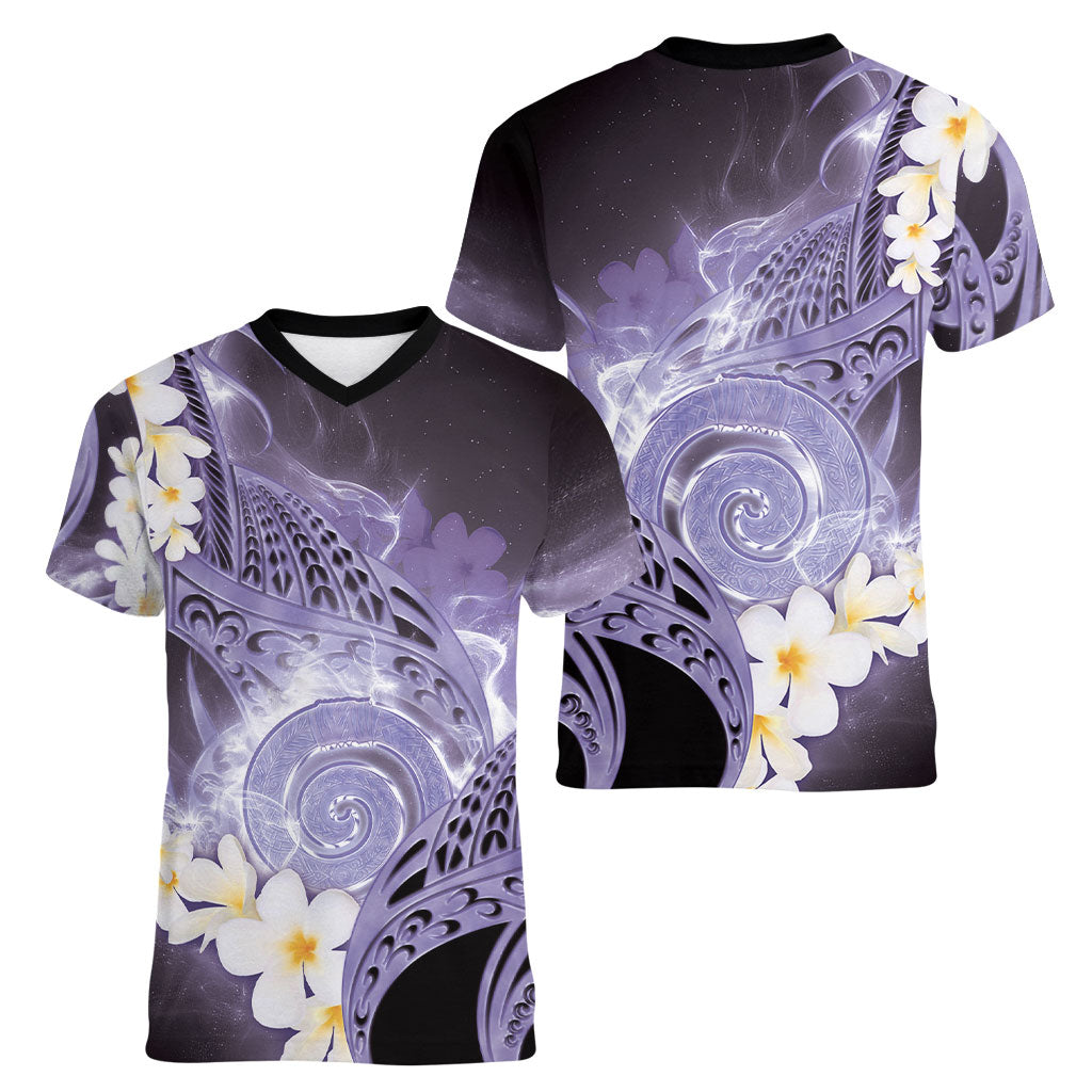 Piko Hawaiian Women V-Neck T-Shirt Purple Galaxy Spiral Plumeria Tribal Patterns DT05 - Polynesian Pride