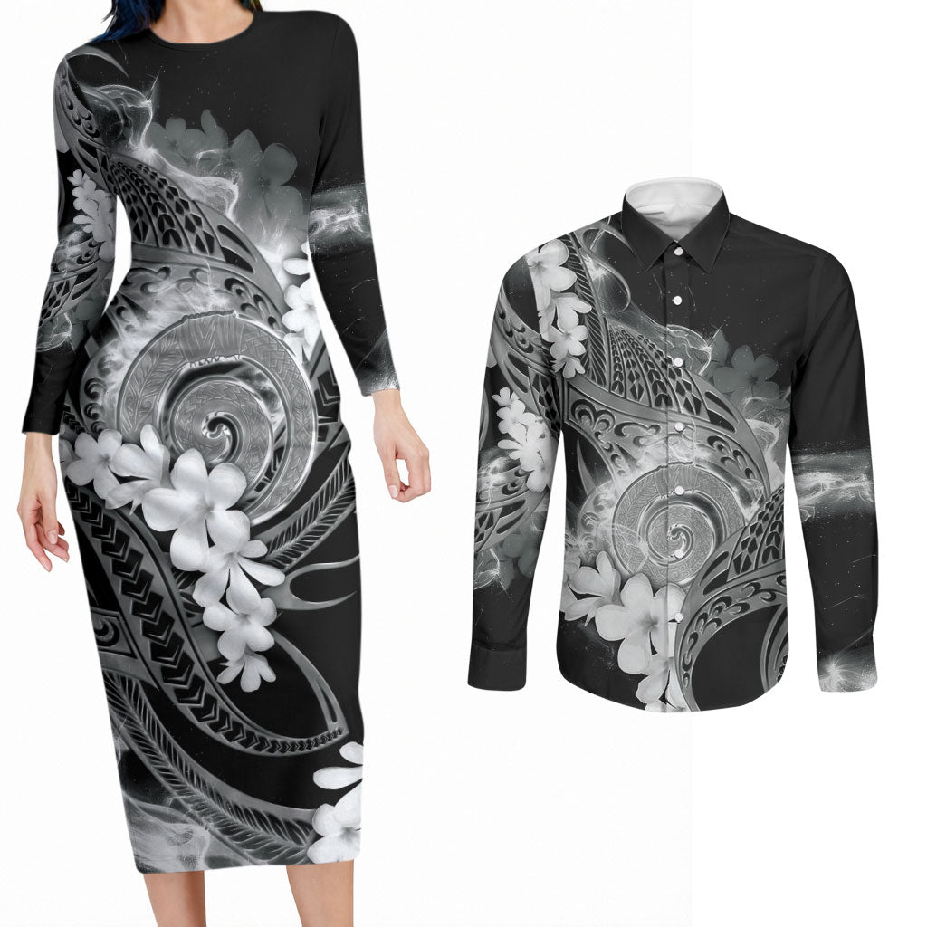 Piko Hawaiian Couples Matching Long Sleeve Bodycon Dress and Long Sleeve Button Shirt Monochrome Galaxy Spiral Plumeria Tribal Patterns DT05 Black - Polynesian Pride