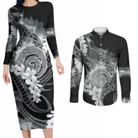 Piko Hawaiian Couples Matching Long Sleeve Bodycon Dress and Long Sleeve Button Shirt Monochrome Galaxy Spiral Plumeria Tribal Patterns DT05 Black - Polynesian Pride