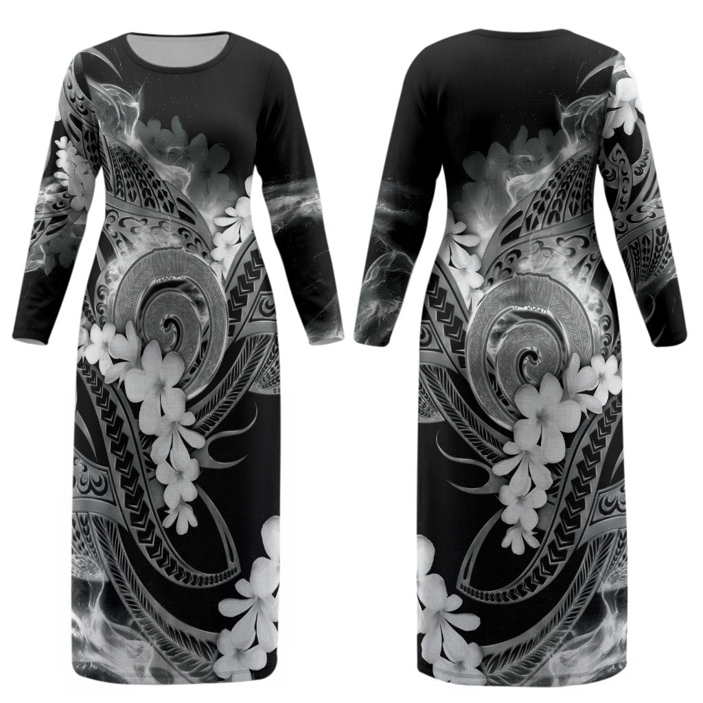 Piko Hawaiian Couples Matching Long Sleeve Bodycon Dress and Long Sleeve Button Shirt Monochrome Galaxy Spiral Plumeria Tribal Patterns DT05 - Polynesian Pride