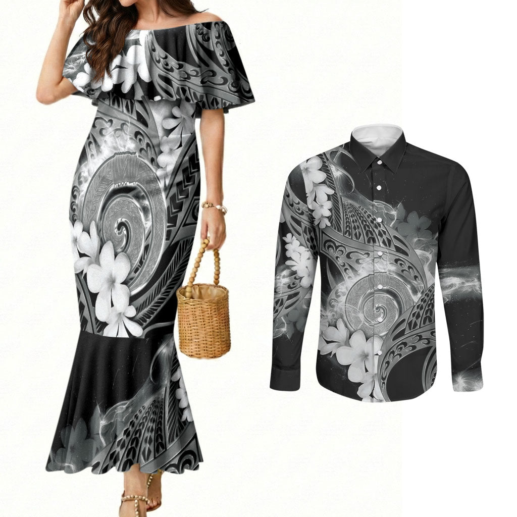 Piko Hawaiian Couples Matching Mermaid Dress and Long Sleeve Button Shirt Monochrome Galaxy Spiral Plumeria Tribal Patterns DT05 Black - Polynesian Pride