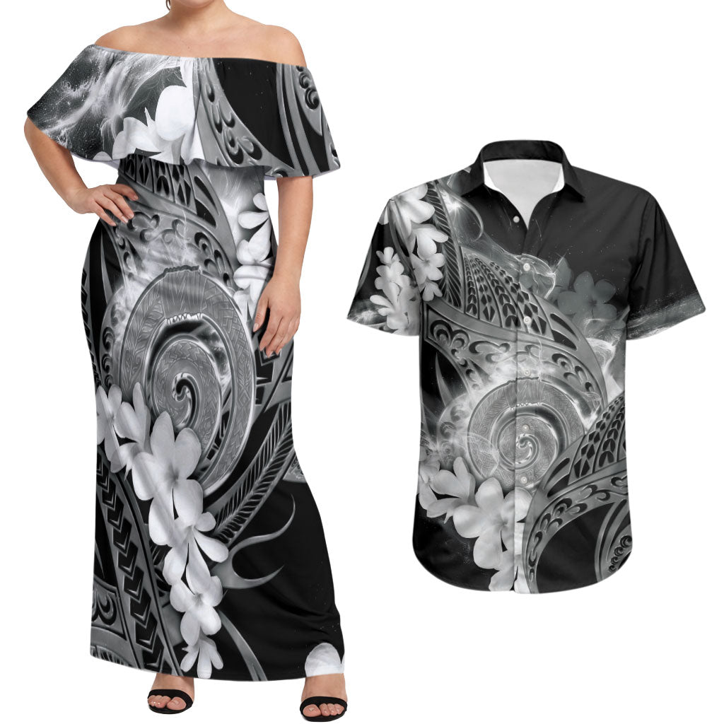 Piko Hawaiian Couples Matching Off Shoulder Maxi Dress and Hawaiian Shirt Monochrome Galaxy Spiral Plumeria Tribal Patterns DT05 Black - Polynesian Pride