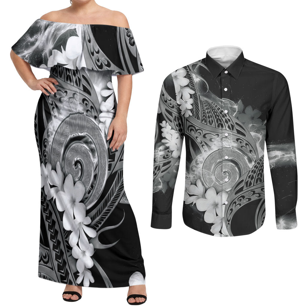 Piko Hawaiian Couples Matching Off Shoulder Maxi Dress and Long Sleeve Button Shirt Monochrome Galaxy Spiral Plumeria Tribal Patterns DT05 Black - Polynesian Pride