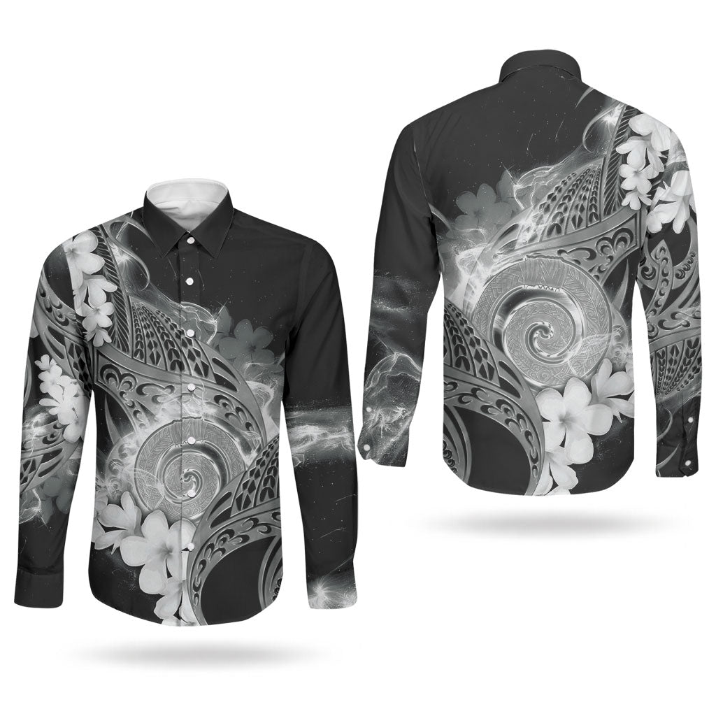 Piko Hawaiian Couples Matching Off Shoulder Maxi Dress and Long Sleeve Button Shirt Monochrome Galaxy Spiral Plumeria Tribal Patterns DT05 - Polynesian Pride