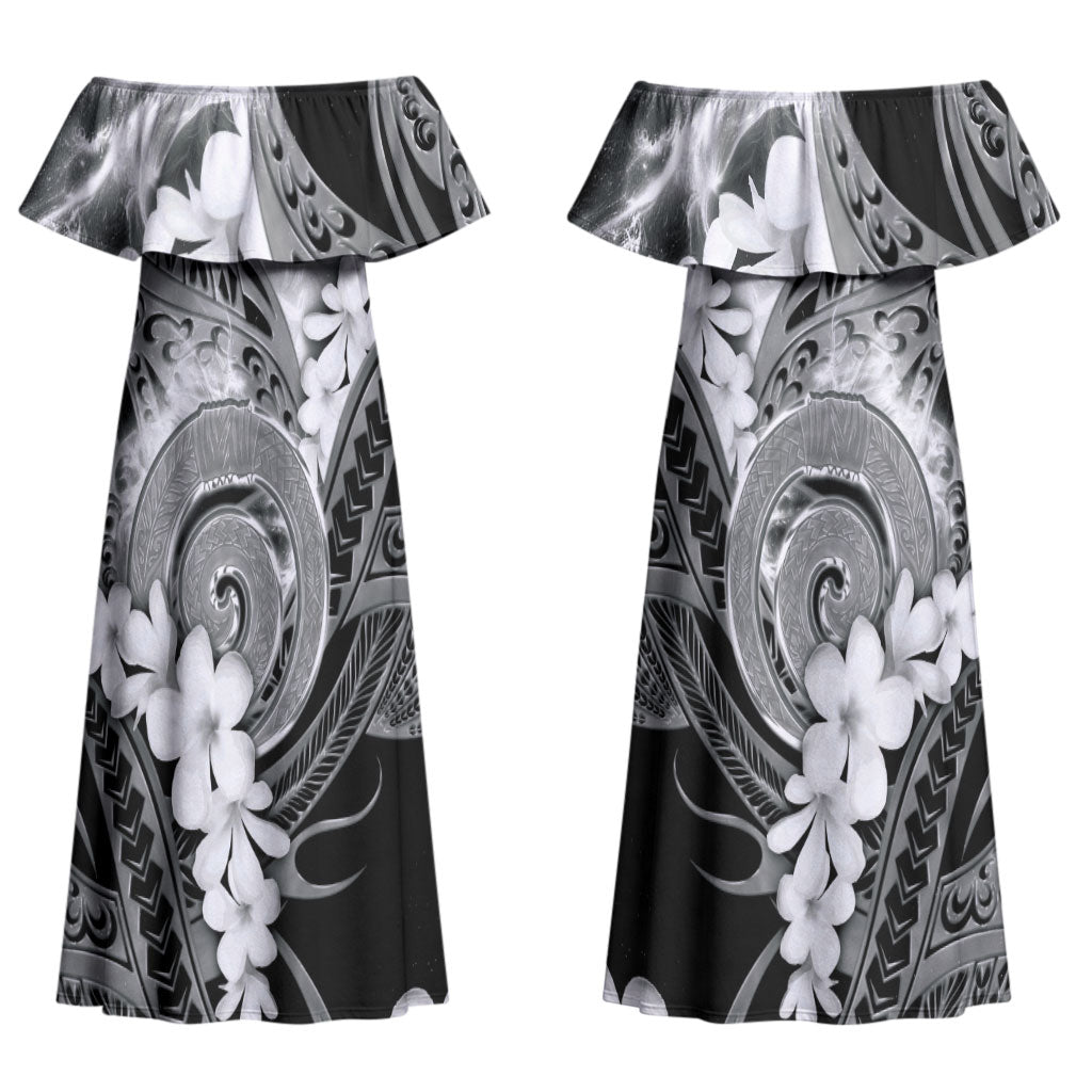 Piko Hawaiian Couples Matching Off Shoulder Maxi Dress and Long Sleeve Button Shirt Monochrome Galaxy Spiral Plumeria Tribal Patterns DT05 - Polynesian Pride