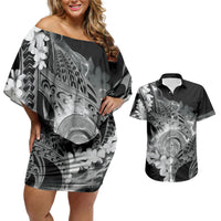 Piko Hawaiian Couples Matching Off Shoulder Short Dress and Hawaiian Shirt Monochrome Galaxy Spiral Plumeria Tribal Patterns DT05 Black - Polynesian Pride