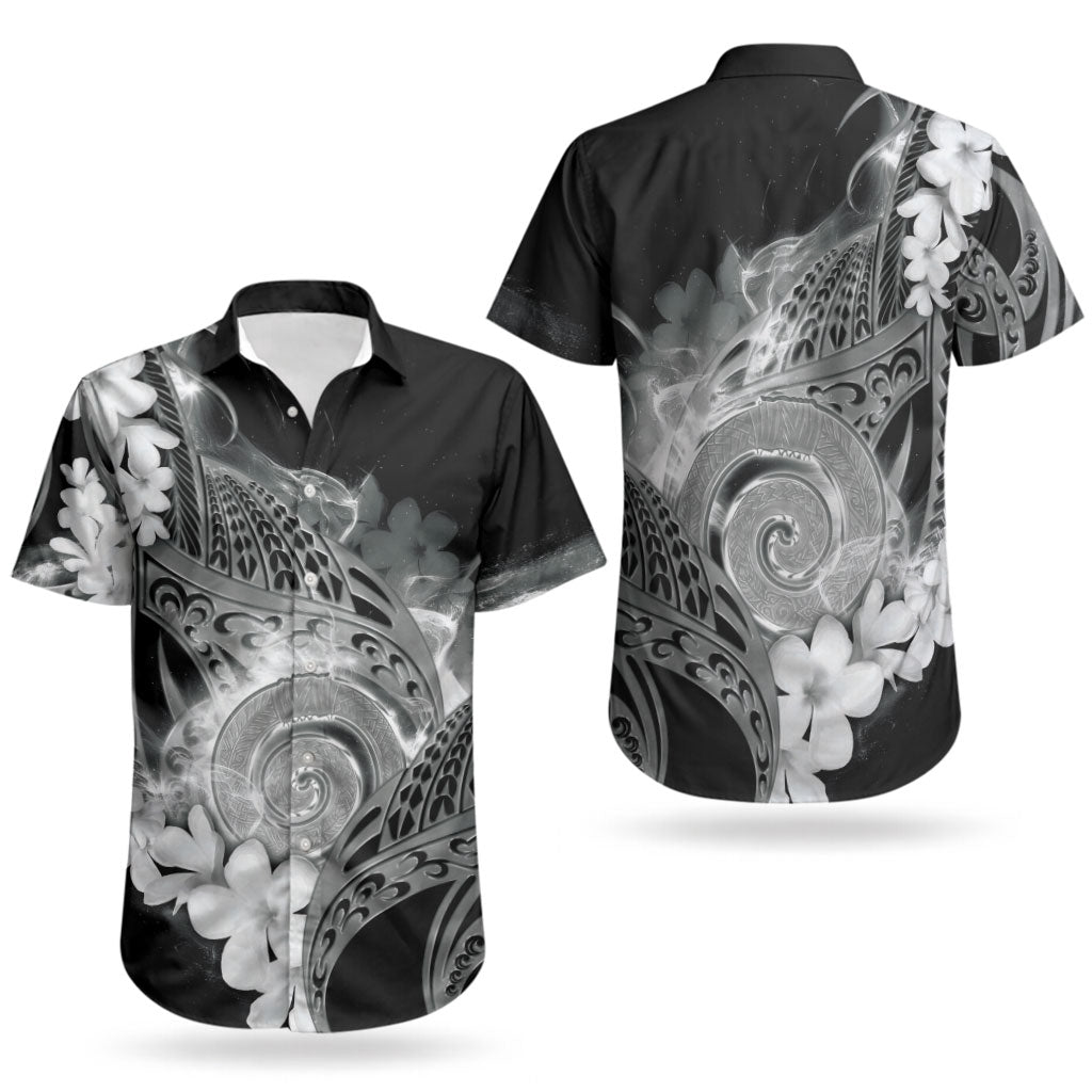 Piko Hawaiian Couples Matching Off Shoulder Short Dress and Hawaiian Shirt Monochrome Galaxy Spiral Plumeria Tribal Patterns DT05 - Polynesian Pride