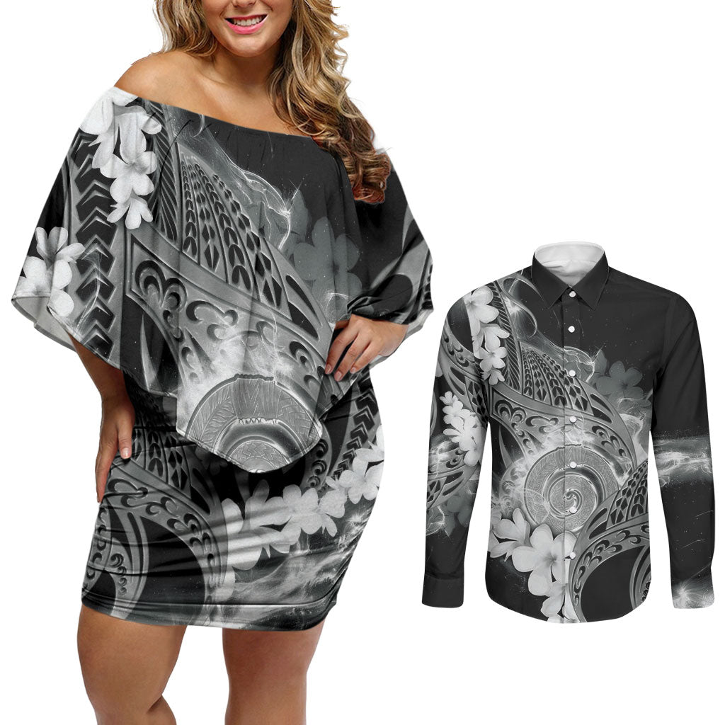 Piko Hawaiian Couples Matching Off Shoulder Short Dress and Long Sleeve Button Shirt Monochrome Galaxy Spiral Plumeria Tribal Patterns DT05 Black - Polynesian Pride
