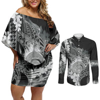 Piko Hawaiian Couples Matching Off Shoulder Short Dress and Long Sleeve Button Shirt Monochrome Galaxy Spiral Plumeria Tribal Patterns DT05 Black - Polynesian Pride