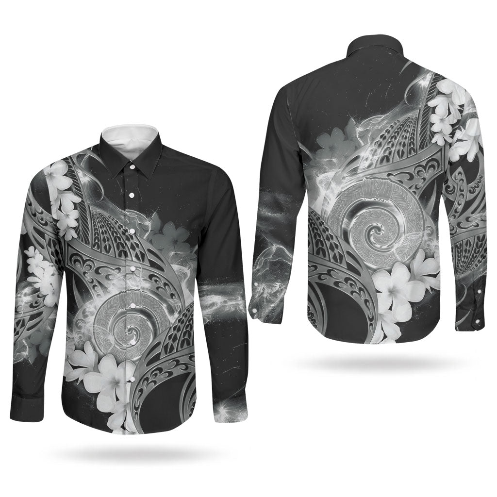 Piko Hawaiian Couples Matching Off Shoulder Short Dress and Long Sleeve Button Shirt Monochrome Galaxy Spiral Plumeria Tribal Patterns DT05 - Polynesian Pride