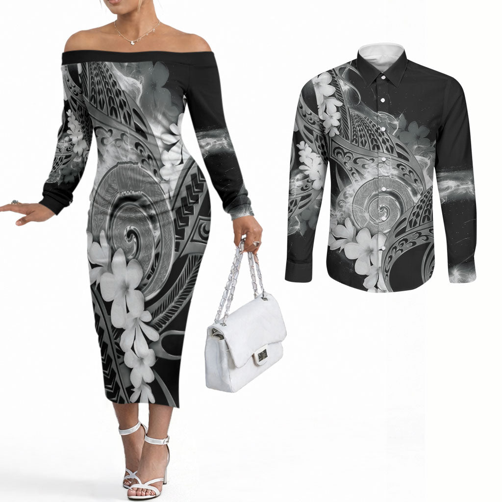 Piko Hawaiian Couples Matching Off The Shoulder Long Sleeve Dress and Long Sleeve Button Shirt Monochrome Galaxy Spiral Plumeria Tribal Patterns DT05 Black - Polynesian Pride