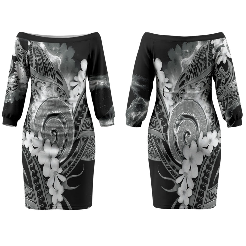 Piko Hawaiian Couples Matching Off The Shoulder Long Sleeve Dress and Long Sleeve Button Shirt Monochrome Galaxy Spiral Plumeria Tribal Patterns DT05 - Polynesian Pride