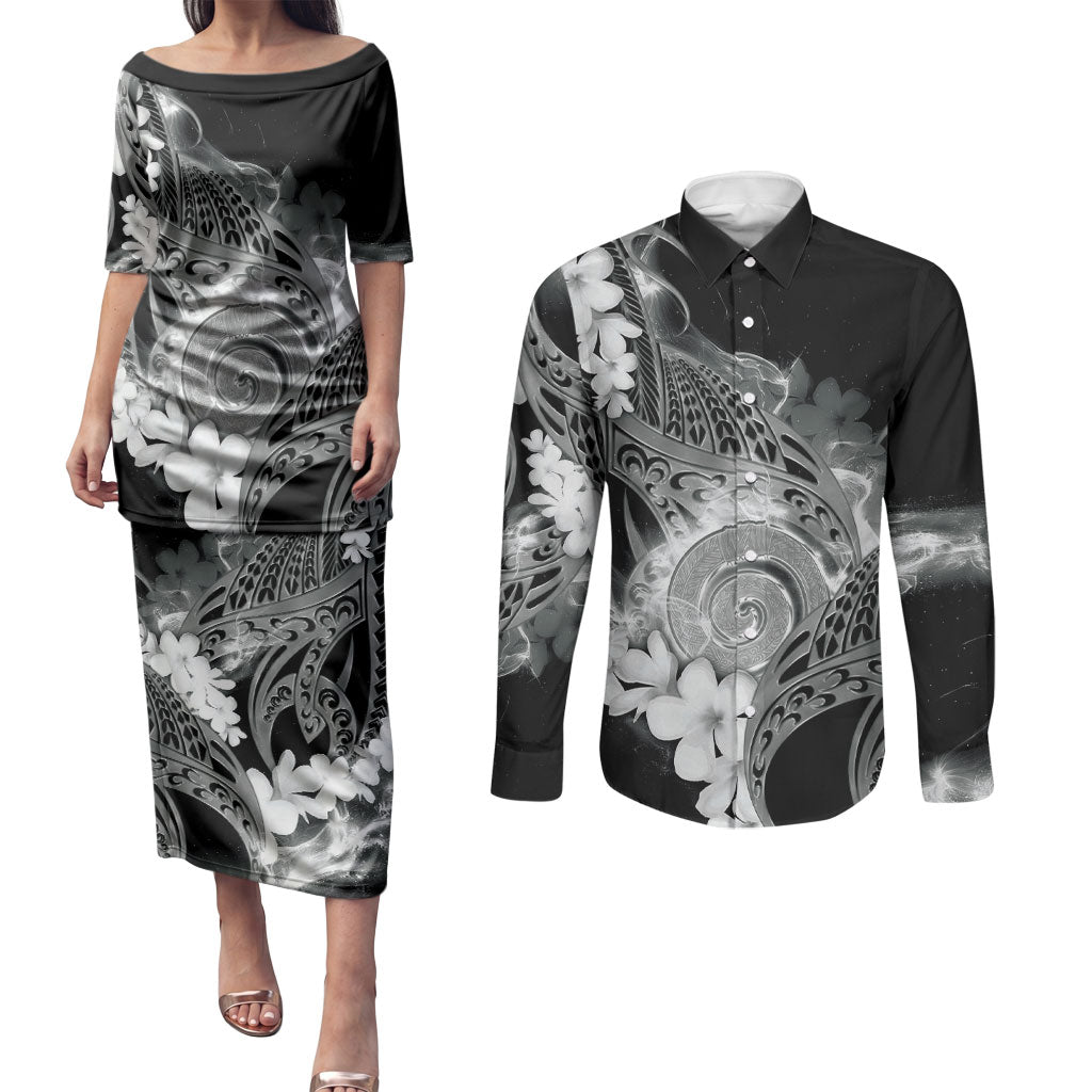 Piko Hawaiian Couples Matching Puletasi and Long Sleeve Button Shirt Monochrome Galaxy Spiral Plumeria Tribal Patterns DT05 Black - Polynesian Pride
