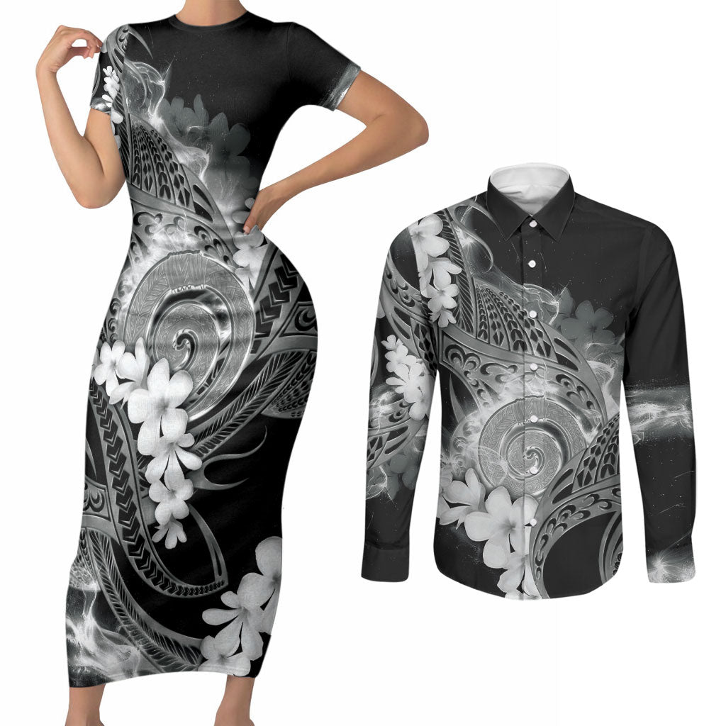 Piko Hawaiian Couples Matching Short Sleeve Bodycon Dress and Long Sleeve Button Shirt Monochrome Galaxy Spiral Plumeria Tribal Patterns DT05 Black - Polynesian Pride