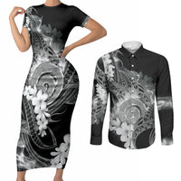 Piko Hawaiian Couples Matching Short Sleeve Bodycon Dress and Long Sleeve Button Shirt Monochrome Galaxy Spiral Plumeria Tribal Patterns DT05 Black - Polynesian Pride