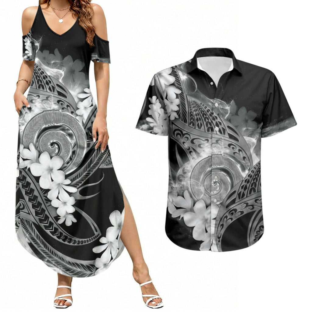 Piko Hawaiian Couples Matching Summer Maxi Dress and Hawaiian Shirt Monochrome Galaxy Spiral Plumeria Tribal Patterns DT05 Black - Polynesian Pride