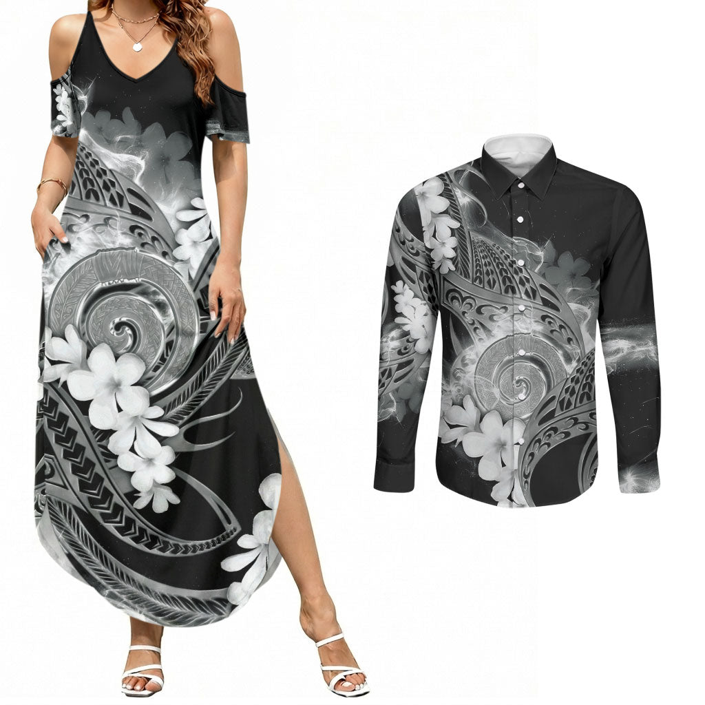 Piko Hawaiian Couples Matching Summer Maxi Dress and Long Sleeve Button Shirt Monochrome Galaxy Spiral Plumeria Tribal Patterns DT05 Black - Polynesian Pride