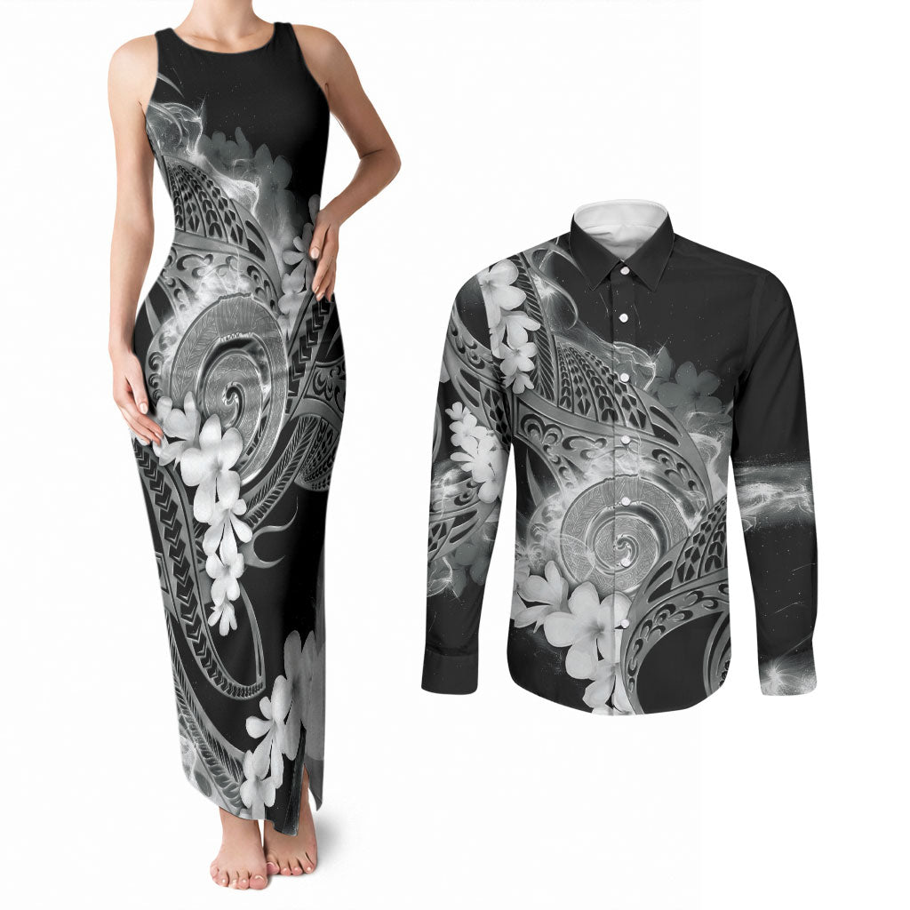Piko Hawaiian Couples Matching Tank Maxi Dress and Long Sleeve Button Shirt Monochrome Galaxy Spiral Plumeria Tribal Patterns DT05 Black - Polynesian Pride
