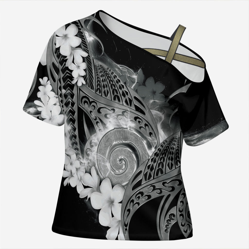 Piko Hawaiian Cross Shoulder Shirt Monochrome Galaxy Spiral Plumeria Tribal Patterns DT05 Female Black - Polynesian Pride