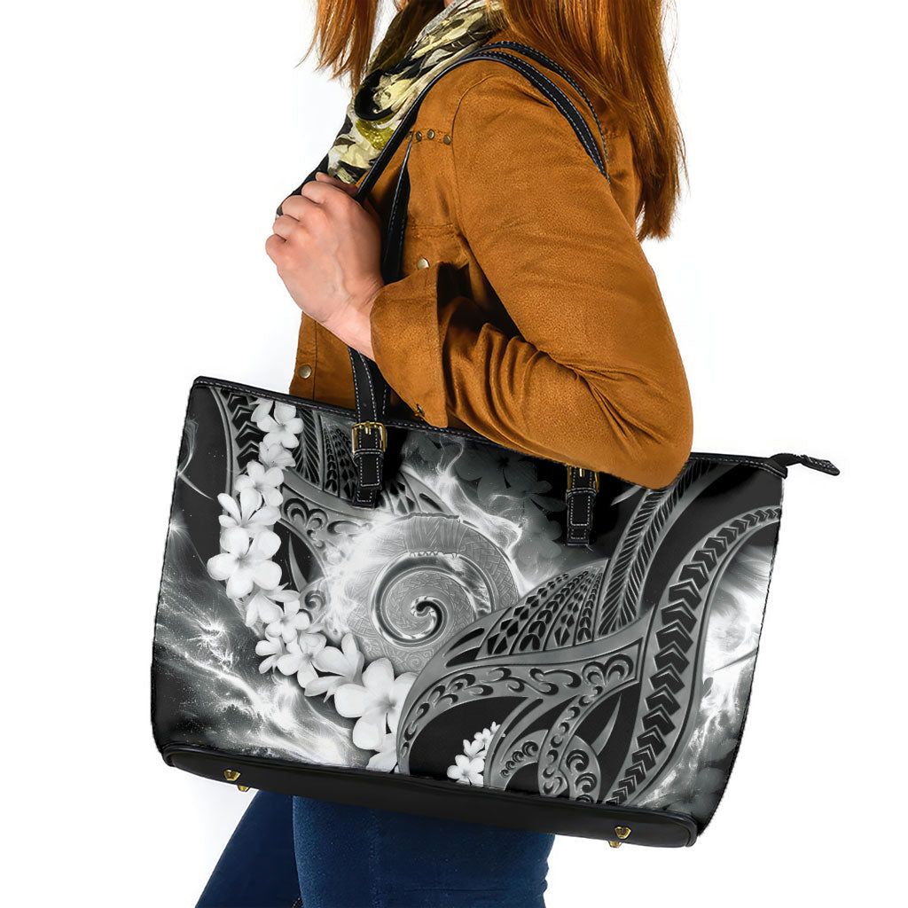Piko Hawaiian Leather Tote Bag Monochrome Galaxy Spiral Plumeria Tribal Patterns DT05 Black - Polynesian Pride