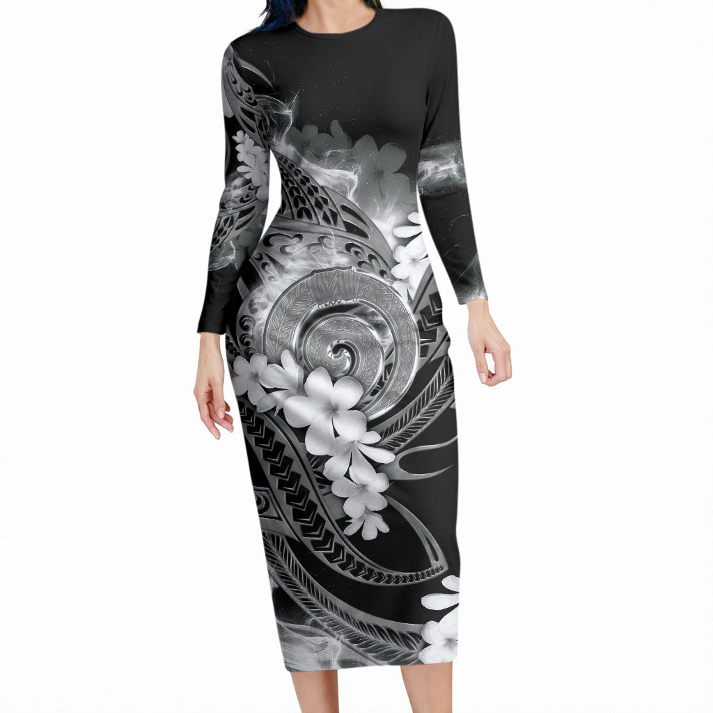 Piko Hawaiian Long Sleeve Bodycon Dress Monochrome Galaxy Spiral Plumeria Tribal Patterns DT05 Long Dress Black - Polynesian Pride