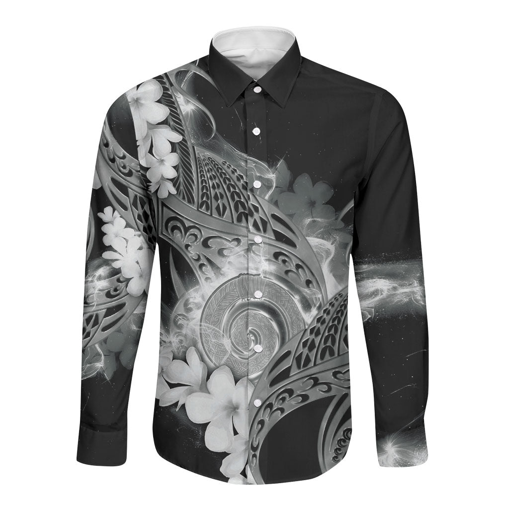 Piko Hawaiian Long Sleeve Button Shirt Monochrome Galaxy Spiral Plumeria Tribal Patterns DT05 Unisex Black - Polynesian Pride
